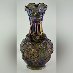 Vintage Imperial Carnival Glass Loganberry Grape Azure Smokey Peacock 10” Vase